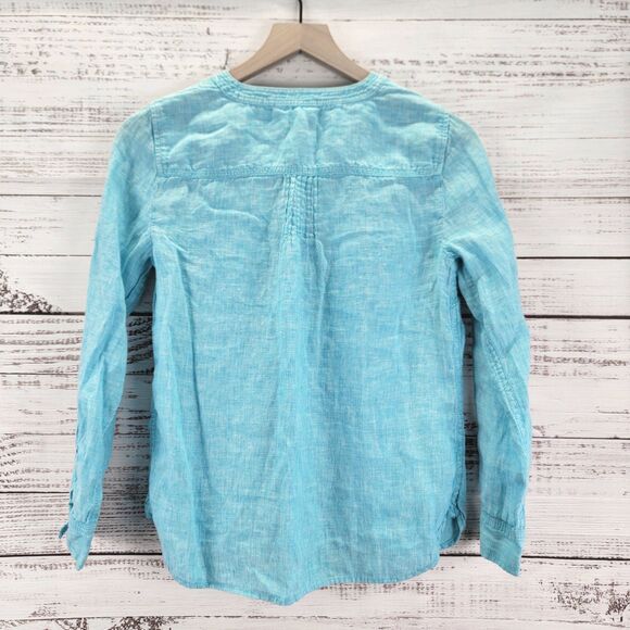 Talbots Linen Pintuck Popover Shirt Womens S Petite Blue Roll Tab Beach Minimal - Picture 7 of 8